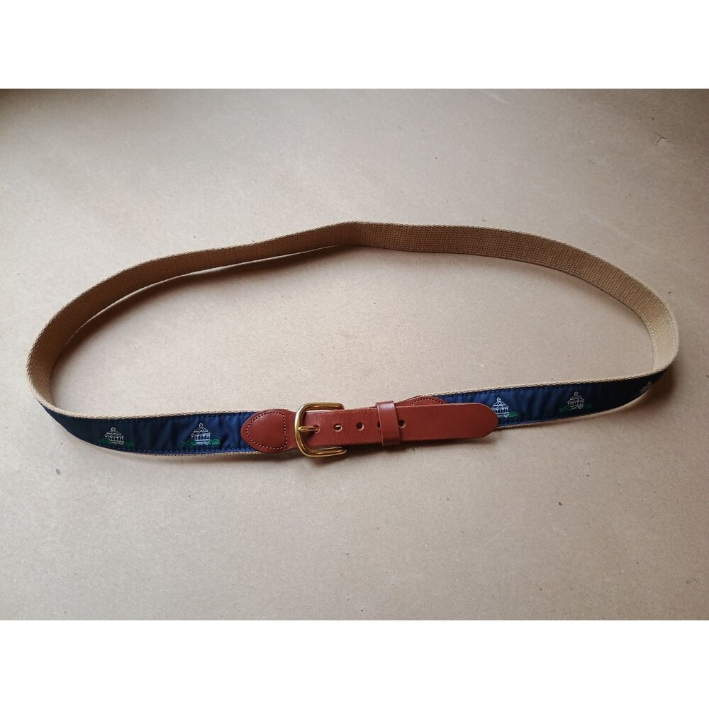 Vintage Leather Man Belt Limited Brass Buckle Woven Sz 46 Preppy Gazebo Golf